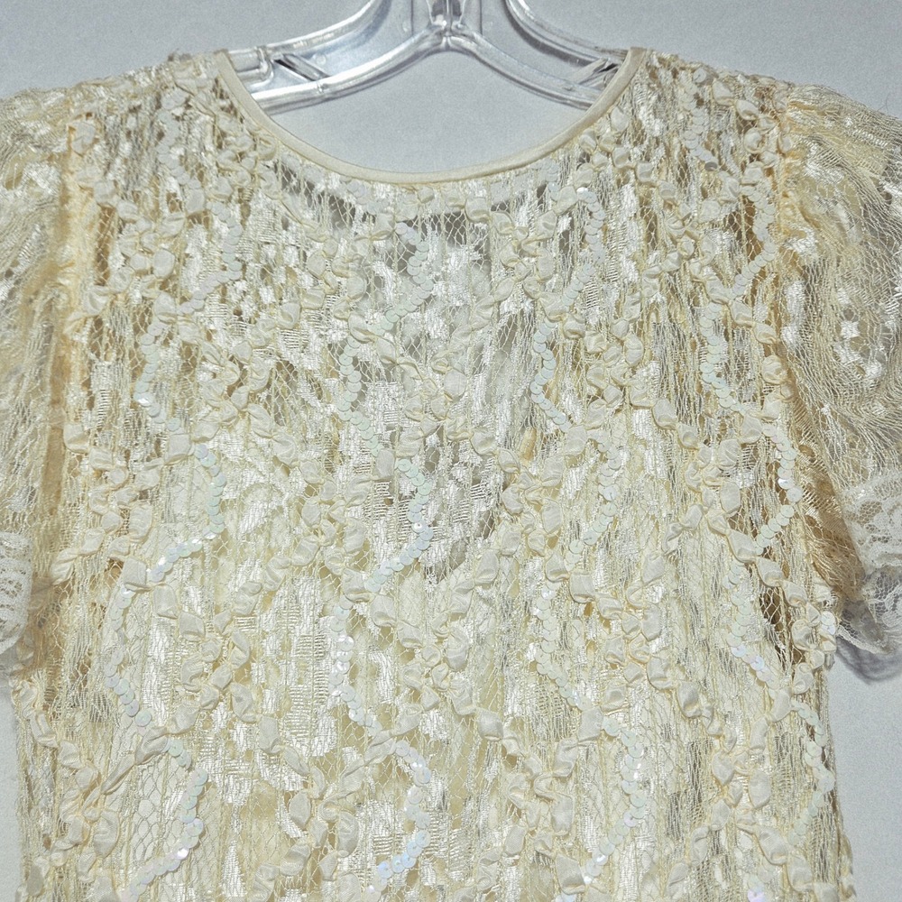Vtg USA Shuet Young Ivory Lace Sequins Victorian Midi Dress Size 5-6 Cottagecore - Picture 4 of 16